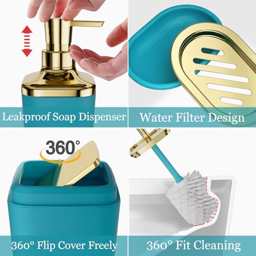 XLHOMO Bathroom Set - Teal Blue Bathroom Accessories Set, Bathroom Sets with Shower Curtain and Rugs, Teal Blue Shower Curtain Set with Bathroom Trash Can, Soap Dispenser, Soap Dish for Home Decor - color: Plaid Teal Blue & Gold, size: Complete Set + Bath