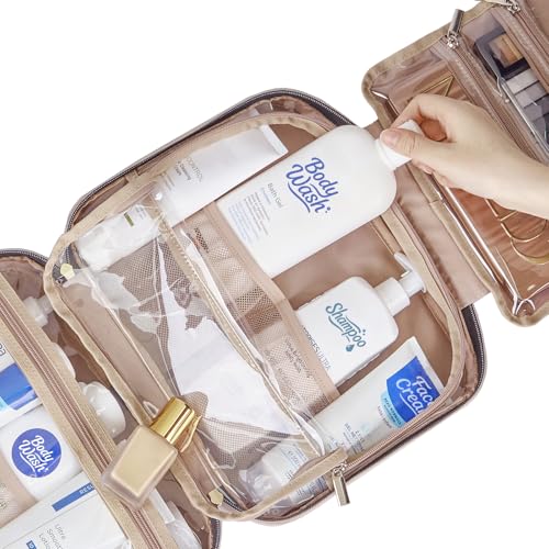 NISHEL Travel Toiletry Bag for women, Portable Hanging Organizer for Full-Sized Shampoo, Conditioner, Brushes Set, Makeup Accessories, Large Size, Pink - color: Pink, size: Large