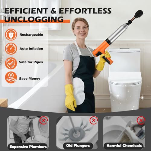 Electric Toilet Plunger, High Pressure Toilet Snake Drain Clog Remover, Splash-free Unclogger with Drain Snake Auger, Plungers for Bathroom Heavy Duty, Versatile Air Blaster Unclogger Kit (Orange) - color: Electric Orange