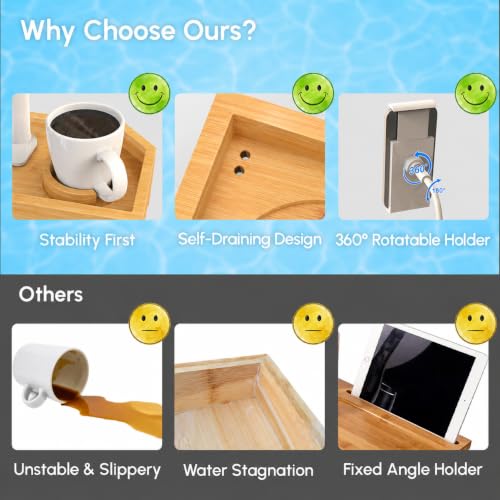 Vespara Bamboo Hot Tub Table with Adjustable Phone Holder, Non Slip Hot Tub Table Spa Gift for Women, Bathtub Canddy Tray with Wine Glass Holder for Luxury Bathtub Bathroom Accessories (Natural) - color: Natural