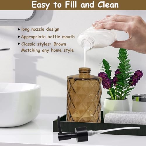 Brown Bathroom Soap Dispenser with Black Plastic Pump, 12oz Glass Lotion Dispenser, Crystal Hand Soap Dispenser for Modern Home Decor, Kitchen Countertop, Hotel - color: Light Brown