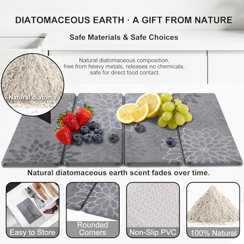 3 PCS Large Stone Dish Drying Mat for Kitchen Counter, Quick Dry Stone Dishes Mats Cup Coasters, Sink Faucet Mat, Water Absorbing Diatomaceous Earth Drying Pad for Countertop Tableware, Bottles - color: Grey Floral