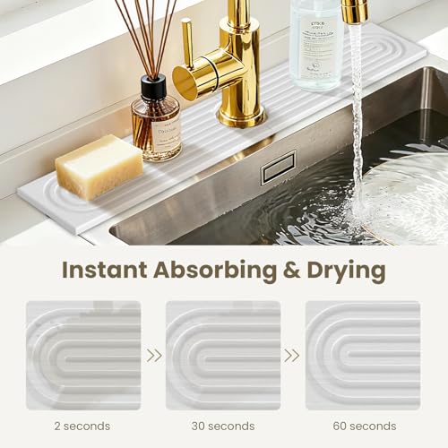 Diatomite Faucet Mat for Kitchen Sink, Quick-Dry Stone-Like Sink Mat, Flat Lay Absorbent Countertop Drying Mat for Faucet Area, Hard Diatomite Mat, White, 23.6 x 4 in - color: White