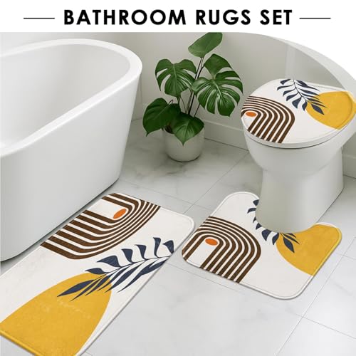 Boho Mid Century Shower Curtain Set with Toilet Lid Cover and Non-Slip Rugs, Modern Abstract 4 Pcs Yellow Sun Minimalist Shower Curtain for Bathroom Set with 12 Hooks - color: Mid Century 4