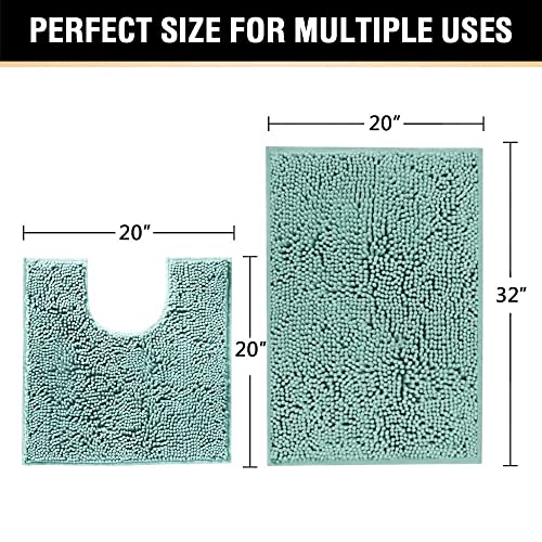 H.VERSAILTEX Original Shaggy Chenille 2 Piece Bath Rug Set, 20x20 Square U-Shape Contoured Toilet Mat & 32x20 Carpet Rug, Machine Wash/Dry Mats, Soft, Plush Rugs for Tub Shower (Eggshell Blue) - color: Duckshell, size: 20" x 32" Plus 20" x 20"