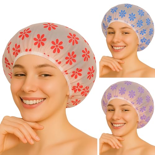 Reusable EVA Shower Caps Trio – Water-Resistant Bath Caps for Women, 3-Piece Hair Cover Set (Red/Blue/Purple Snowflake Style) - color: (Red+Blue+Purple Snowflake