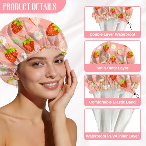 Strawberries Reusable Shower Cap Cute Fruit Double Layer Waterproof Shower Caps Large Elastic Hair Cover Adjustable Hair - Drying Caps for Woman Bath SPA Travel One Size Fits Most - color: Strawberries