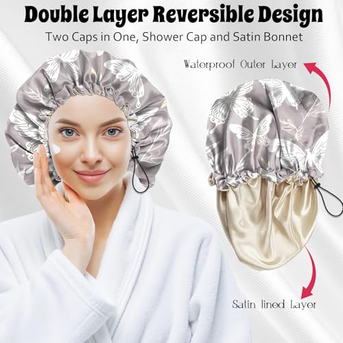 Luxury Shower Cap Satin Lined Reusable Waterproof Double Layer Elastic Adjustable Hair Bath Cap Cute Aesthetic Women Girls-White Butterfly - color: F15-White Butterfly