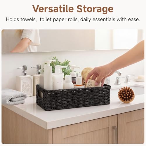 StorageWorks Small Wicker Toilet Basket Tank Topper with Built-in Handles, Toilet Paper Baskets for Back of Tank, Paper Rope Bathroom Basket Organizer and Storage for Rustic Bathroom Decor, Black - color: Black, size: 14¼" L x 6¾" W x 3¾" H