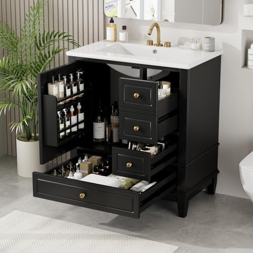 Linique 30" Bathroom Vanity with Sink Combo Set, Solid Wood Frame Bathroom Storage Cabinet with 3 Drawers, Soft Closing Cabinet Door with Organizer, Black - color: Black, size: 30"/ Door with Organizer
