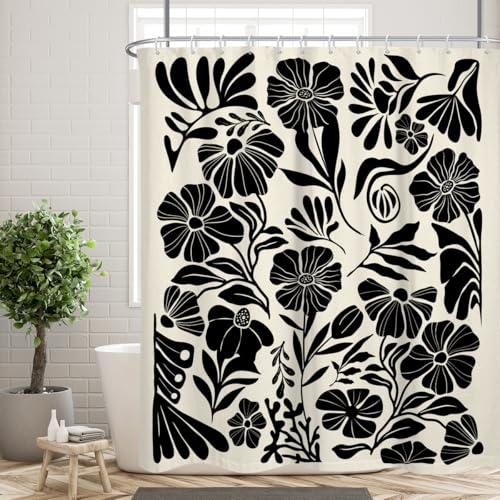 Black Floral Shower Curtain Standard Boho Flower Farmhouse Vintage Gothic Abstarct Retro Whimsical Aesthetic Funky Botanical Art Fabric Cloth Bathroom Decor Set 72x72 Inch Polyester 12 Hooks - color: Black, size: 72"W x 72"L (Pack of 1)