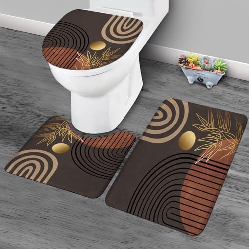 KOMLLEX 4Pcs Abstract Boho Shower Curtain Sets, Bath Mat and Toilet Lid Cover, Modern Brown Grey Leaves Mid Century Simple Minimalist Men Bathroom Decor Set with Rugs and Accessories, 12 Pack Hooks - color: A1-black Brown(4pcs), size: 72"W x 72"L (Pack of