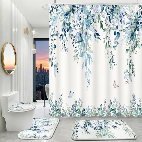 16 Pcs Blue Eucalyptus Shower Curtain Set with Absorbent Rugs and Metal Hooks,Premium 120gsm Heavy Weight Fabric Shower Curtain,Botanical Bathroom Deco (B-Blue) - color: Blue