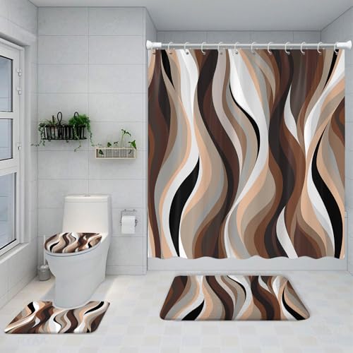 4PCS Brown Abstract Shower Curtain Set, with Non-Slip Rugs, Toilet Lid Cover and Bath Mat Stripe Black White Gray Aesthetic Art for Bathroom Bathtub Decor Accessories, 72x72 Inch - color: Brown
