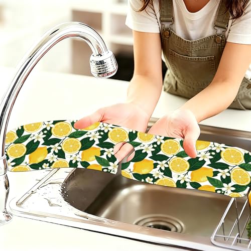 2 Pcs Kitchen Sink Splash Guard Faucet Mat Lemon Flowers and Leaves Pattern Faucet Mat for Sinks Flower Absorbing Drying Mats for Kitchen Bathroom - color: Lemon and Leves