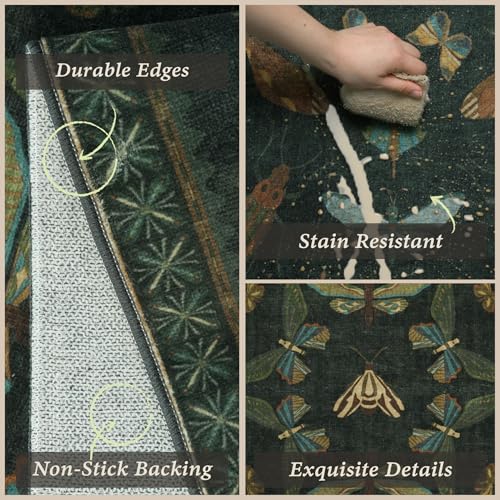 JTJ Botanical Insect Kitchen Rug Set of 3, Dark Green Nature Inspired Floor Mats with Non-Slip Backing, Washable Low Pile Runner for Sink and Stove - color: Insect - Dark Green