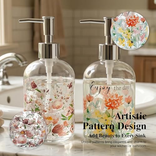 Topadorn Glass Soap Dispenser Set of 2, 17oz Refillable Hand & Dish Soap Dispensers with Pump, Floral Kitchen Soap Bottles with Enjoy the Day Design for Bathroom Counter - color: Soft Pink Flower