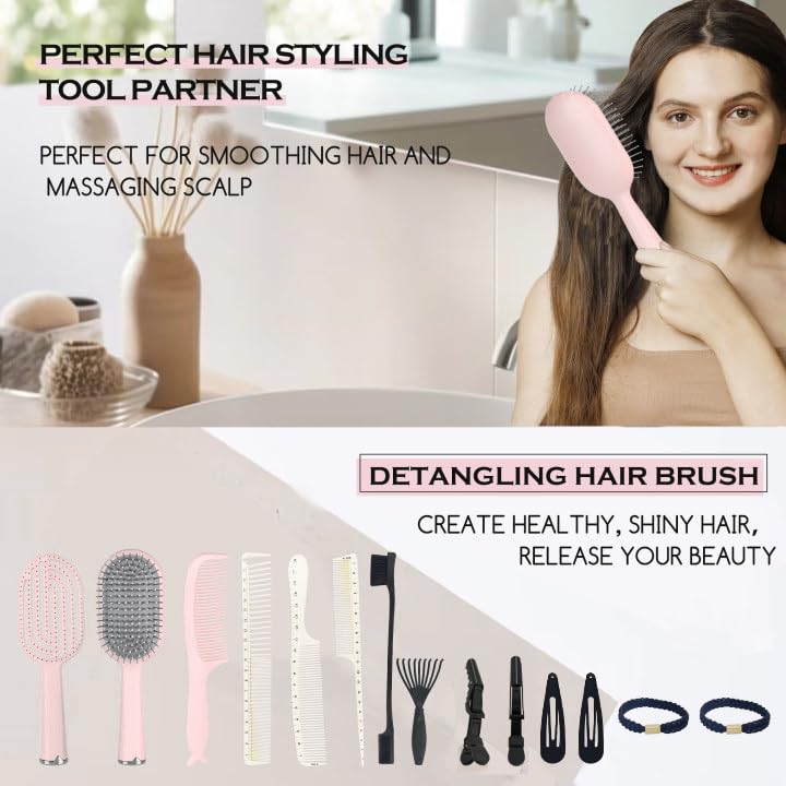 Hair Brush Set, Professional Styling Tools with Combs and Accessories, Pink, Gift Box Included (Pink Brush+White Comb) - color: Pink Brush+White Comb