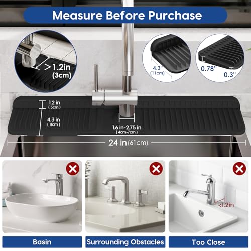 24 Inch Silicone Faucet Mat for Kitchen Sink Splash Guard - 7° Slope Upgraded Water Draining Mat with Fasten Button for Bathroom Area (Black, 24''x5.5'') - color: Black, size: 24''x5.5''