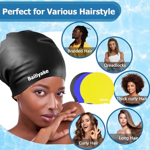 3 Pack Extra Large Swim Cap for Braids & Dreadlocks - Waterproof Silicone Swim Hat for Women with Long Thick Hair, Protective Swim Cap Cover Ears for Swimming, Shower, Bathing - color: Black+Bule+Yellow