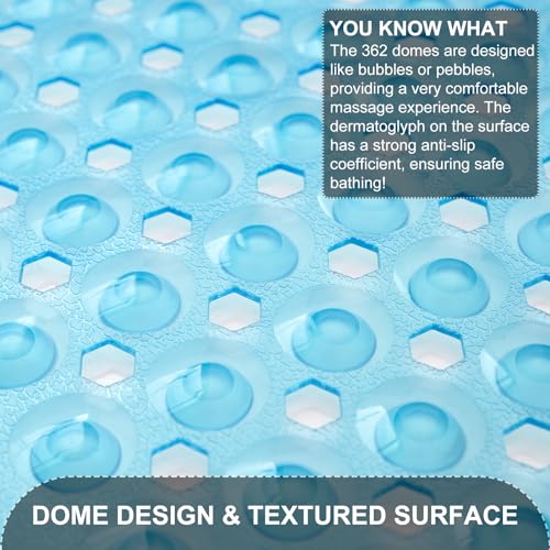 TEESHLY Bath Tub and Shower Mats, Non Slip 40 x 16 Inch Extra Large Bathtub Mat, Machine Washable Bathmat with Drain Holes, Suction Cups for Bathroom Floor, Clear Blue - color: Blue (Translucent)
