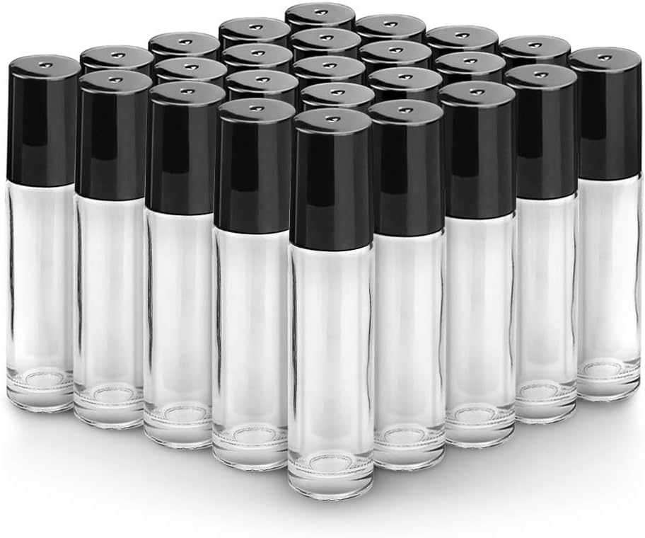 sungwoo 25 Pack Essential Oil Roller Bottles, 10ml Clear Glass Bottles with Stainless Steel Roller Ball and Cap for Travel, Perfume and Lip Gloss - color: Clear, style: 25 Pack