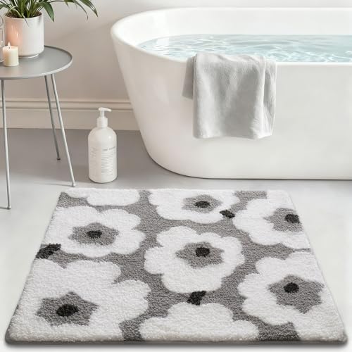 LUMI Floral Bath Mat, Soft Absorbent Square Bath Rug, Non-Slip Quick Dry Luxury Rug, Machine Washable Rugs for Bathroom Floor, Bathtub, Living Room, Home Decor, White Grey, 26"x26" - color: A-flower White, size: 26"x26"(Square)