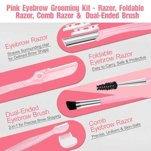 Eyebrow Kit, 17 in 1 Tweezers for Women Facial Hair, Hair Scissors with Comb, Eyebrow Trimmer, Brow Brushes, Hair Tools Travel Bag, Professional Grooming Tweezer Set - color: Pink