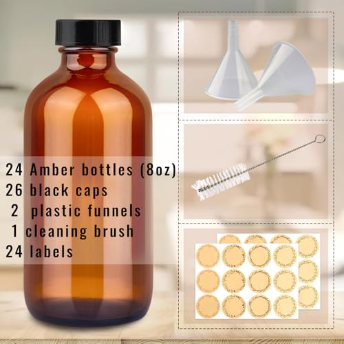 PINIWON 24 Pack 8 oz Amber Glass Bottles, 240ml Boston Round Sample Bottles with Black Poly Cone Caps, Labels and Funnels - color: Amber-24 pack