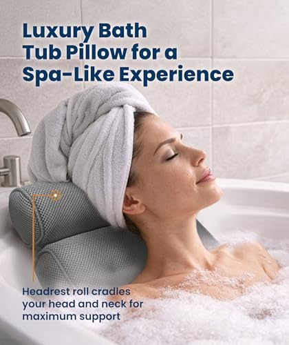 Everlasting Comfort Luxury Bath Pillow for Tub – Quick-Dry 4D Mesh – Gray | Head/Neck/Back Support, Non-Slip Suction Cups, Machine Washable, Drying Hook, Bath/Spa/Jacuzzi Essentials - color: Gray, size: Standard