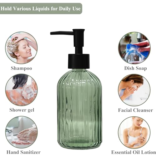 Green Glass Soap Dispenser with Black Plastic Pump, 13.5oz Refillable Liquid Hand Soap Dispenser, Lotion Dish Soap Dispenser for Modern Home Decor, Bathroom, Kitchen Countertop, Hotel - color: Green
