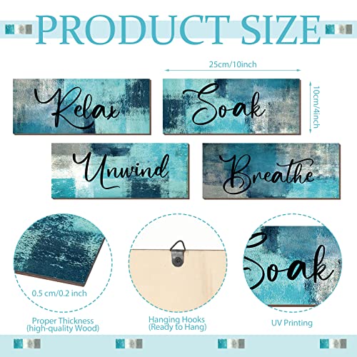 Maitys 4 Pcs Bathroom Wall Decor 10 x 4 Inch Bathroom Wall Art Contemporary Wood Restroom Pictures for Soak Unwind Relax Hanging Sign Spa Rustic Vintage Farmhouse Pediments(Turquoise and Grey) - color: Turquoise and Grey