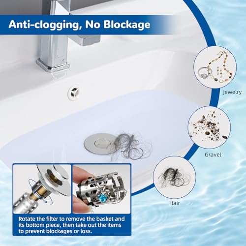Hibbent Upgraded 3 in 1 Bathroom Sink Drain Strainer, Universal Pop Up Stopper with Removable Stainless Steel Filter Basket Hair Catcher, Sink Plug for 1.1''~2.36'' Basin, Brass Bullet Core, Chrome - color: Chrome