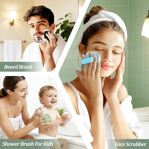 Silicone Back & Face Scrubber & Bath Glove Set 3PCS, 13.4'' Gentle Back Scrubber with Dual-Side Head, 360° Anti-Slip Bath Glove, Unique Side-bristled Face Scrubber for All-Round Cleaning(Blue) - color: Blue*3