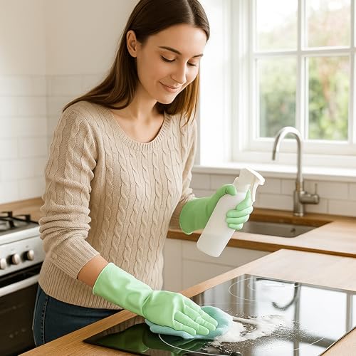 Dishwashing Gloves, 9 Pairs Reusable Medium Kitchen Gloves, Wear-Resistant Natural Latex with Non-Slip Palm, Flocked Liners for Better Grip, Soft Comfort for Garden, Toilets