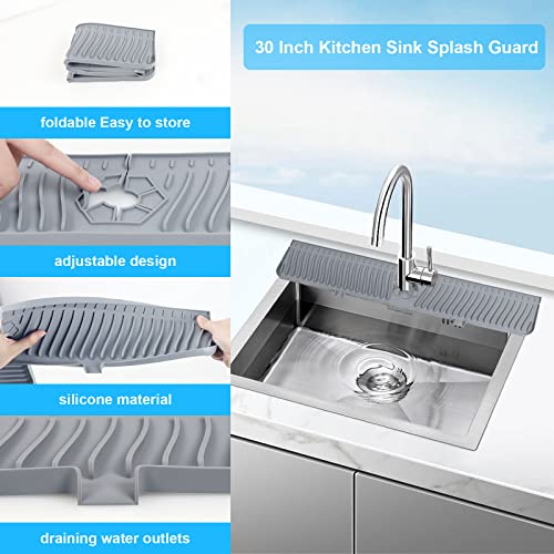 Derlights 30 inch Sink Splash Guard Mat,Silicone Faucet Handle Drip Catcher Tray, Longer Silicone Sink Mat for KitchenBathroom, Drip Protector Splash Countertop (gray) - size: 30 inch