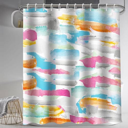Lnond 4Pcs Abstract Shower Curtain Sets with Rugs, Watercolor Geometric Paint Bathroom Sets with Shower Curtain and Rugs and Accessories - color: Watercolor Geometric Paint