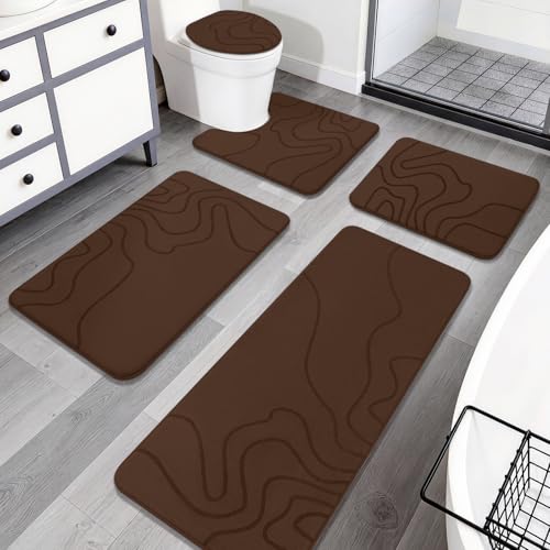 YIHOUSE Memory Foam Bathroom Rugs Sets 5 Piece - Extra Thick Ultra Soft Absorbent Bath Mat Set, Non-Slip Machine Washable Bath Rugs for Bathroom, Tub & Shower, Home Decor Accessories, Coffee - color: Coffee, size: 1'5" x 3'10" (5 pieces)