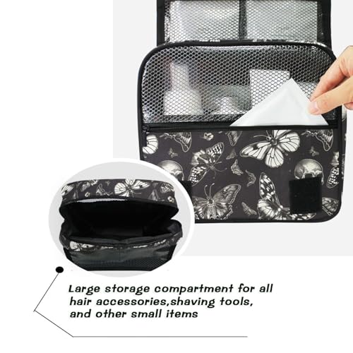 MNSRUU Hanging Toiletry Bag Gothic Skull Butterfly Travel Makeup bag for Toiletries Portable Travel Toiletry Organizer Cosmetic Bags with Hanging Hook - color: Skull A8414