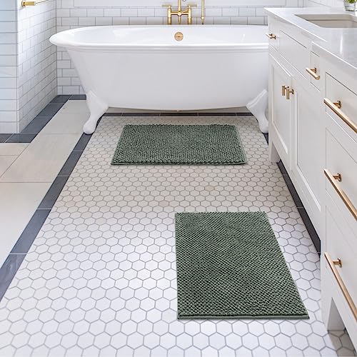 FRESHMINT Chenille Bathroom Rugs 2 Piece Set - Non-Slip Water Absorbent 17x24"+20x32"+ Bath Mats, Sage Green - color: Sage Green, size: 24"x17"+32"x20"