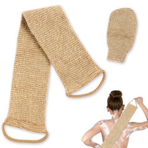 Japanese Exfoliating Washcloth & Scrub Glove Set – 2-Sided Hemp Body Scrubber Towel with Handles for Deep Cleansing, Back Scrubber for Shower & Bath (Men/Women), Yellow