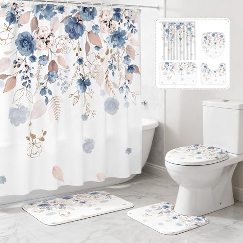 16 Pcs Blue Floral Flower Shower Curtain set, 72Wx72H Inch Watercolor Pastel Plant Complete Bathroom Set Non-Slip Bath Rug Toilet Lid Cover and U Shape Mat Accessories 12 free Hooks Bathoom Decor - color: Flower B