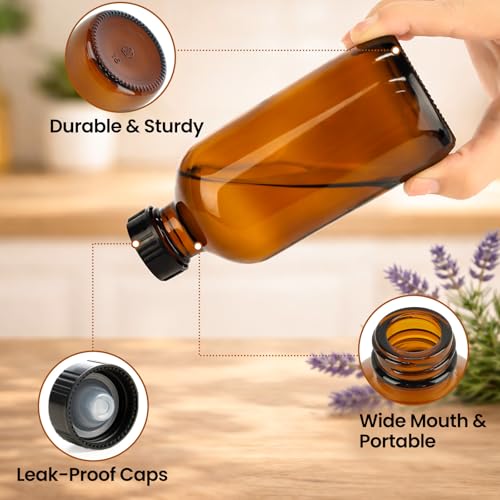 TBWIND 24 Pack 8oz Amber Glass Boston Round Bottles with Airtight Caps | Designed for Homemade Vanilla Extract, Tinctures, Juice, Syrups, Kombucha & Herbal Liquids with Droppers, Labels & Funnels - size: 8oz
