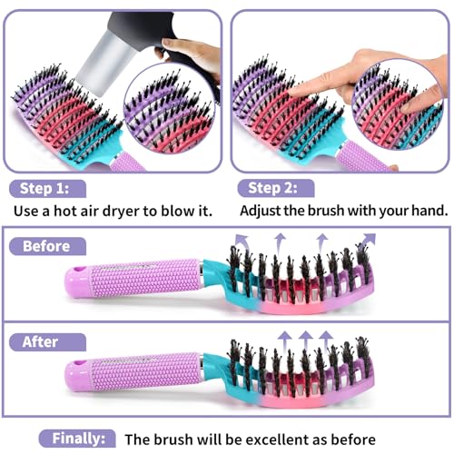 Boar Bristle Hair Brush Set of 2, HIPPIH Wet & Dry Hair Brushes Made by Fine Natural Boar Hair Can Adds Shine and Smoothing, Detangling Hairbrush for Women, Men & Kids' Long Curly Thick Hair - color: Mint Green & Purple