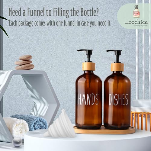 LOOCHICA Amber Glass Soap Dispenser Set with Tray, Amber Dish and Hand Soap Dispenser Set, Refillable Reusable Apothecary Soap Pump Dispenser Bottles for Bathroom and Kitchen - color: A04-2xamber