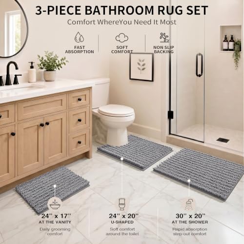 Yimobra Bathroom Rug Set 3 Piece - Super Absorbent Quick Dry Chenille Bath Mats & Toilet Rug, Non Slip Machine Washable, Extra Thick Shaggy Floor Mat for Shower Tub Sink, Grey - color: Grey, size: 24"x17" + 24"x20" + 30"x20"