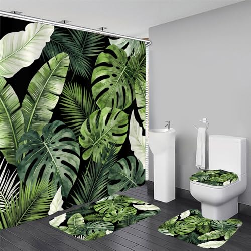 LQCOOL 4Pcs Black Green Shower Curtain Set, Modern Minimalist Bathroom Sets, Abstract Botanical Bathroom Sets with Shower Curtain and Rugs, Tropical Palm Leaves Shower Curtain with 12 Hooks - color: Balck Green