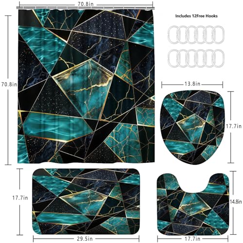 LQCOOL Teal Marble Geometric Shower Curtain Set Bathroom Sets Modern Shower Curtain Set for Bathroom Sets with Rugs and 12 Hooks - color: Teal