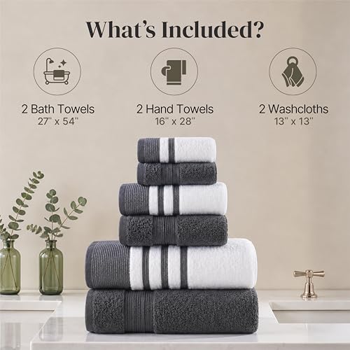 Modern Threads 6-Piece Towel Set – 100% Cotton, Quick Dry, Ultra Absorbent – Includes 2 Bath, 2 Hand, 2 Washcloths (White/Reinhart Charcoal) - color: Grey, style: Classic Stripe