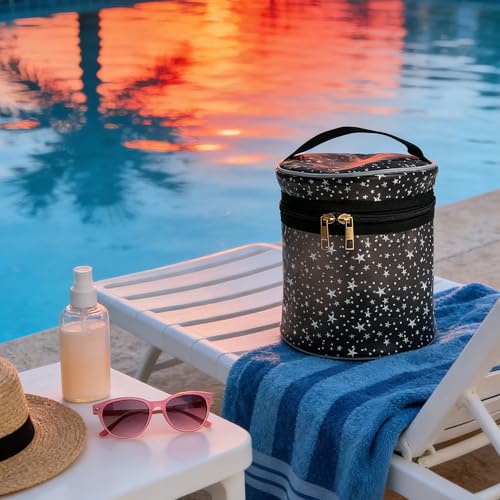 Waterproof Black Star PVC Makeup Bag - 7.1x6.3in Barrel Cosmetic Organizer with Zipper, Portable Toiletry Pouch for Women & Men (Black) - color: Black